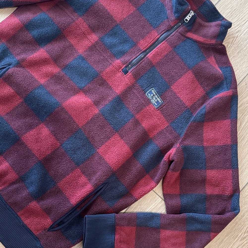 Abercrombie & Fitch Plaid Fleece Quarter Zip Pull Over Jacket Men’s M Red Blue